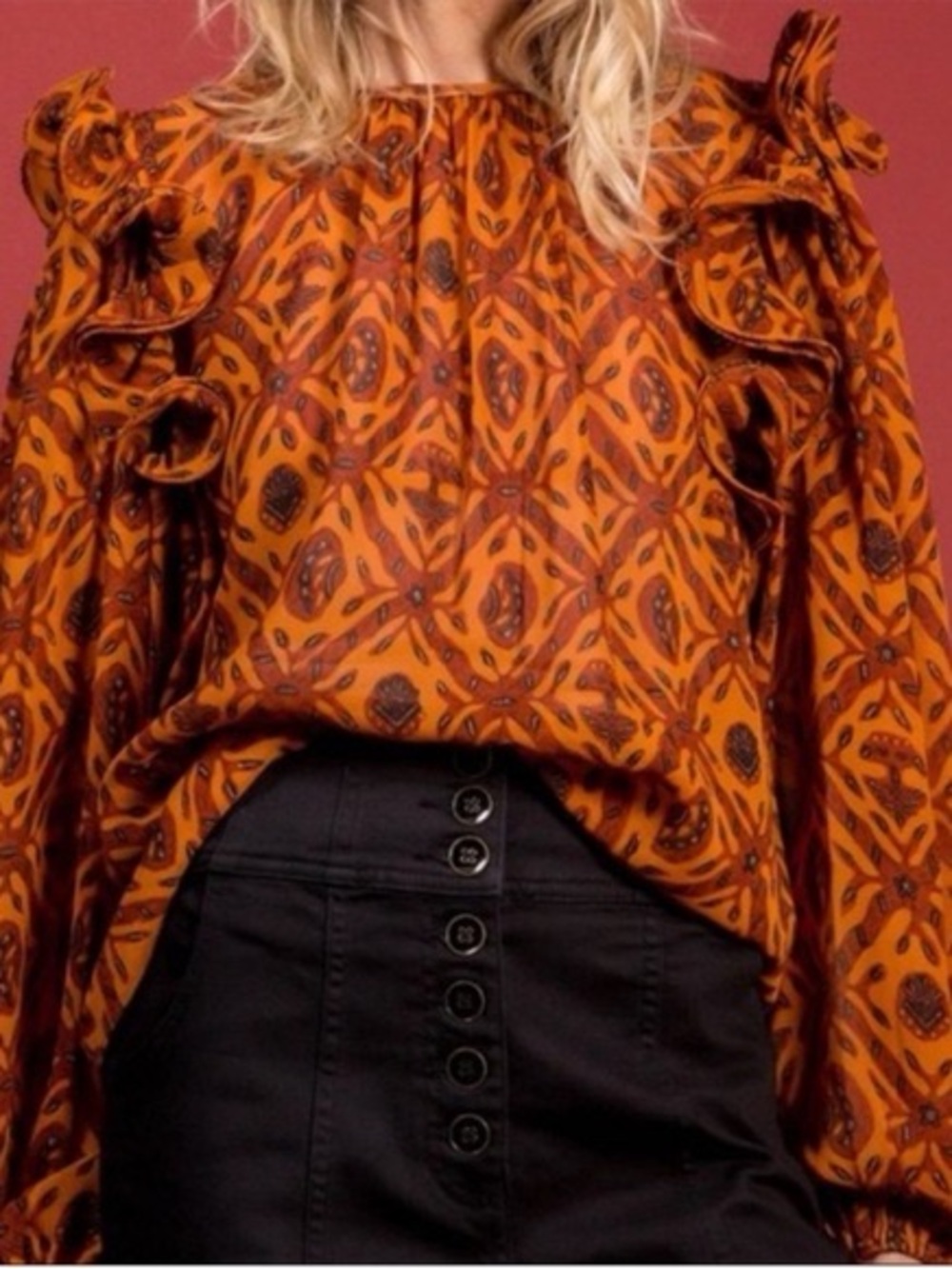 Ulla Johnson Medine Blouse in Ochre Silk Ruffle Orange Printed Size 4